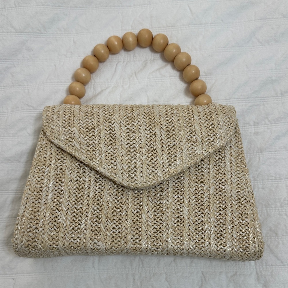 Tommy Bahama Tan Woven Clutch with Wooden Beaded Handle